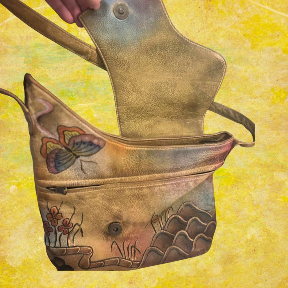 WEARABLE ART! GUC Anushka Hand-Painted Floral Leather Bag Purse Crossbody‎ - Picture 3 of 6